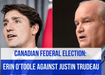 Prime Minister Justin Trudeau on the left, Conservative Party Leader Erin O'toole on the right with a copy on text about Justin Trudeau's snap election request