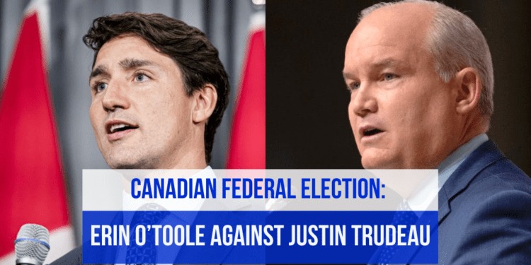 Prime Minister Justin Trudeau on the left, Conservative Party Leader Erin O'toole on the right with a copy on text about Justin Trudeau's snap election request